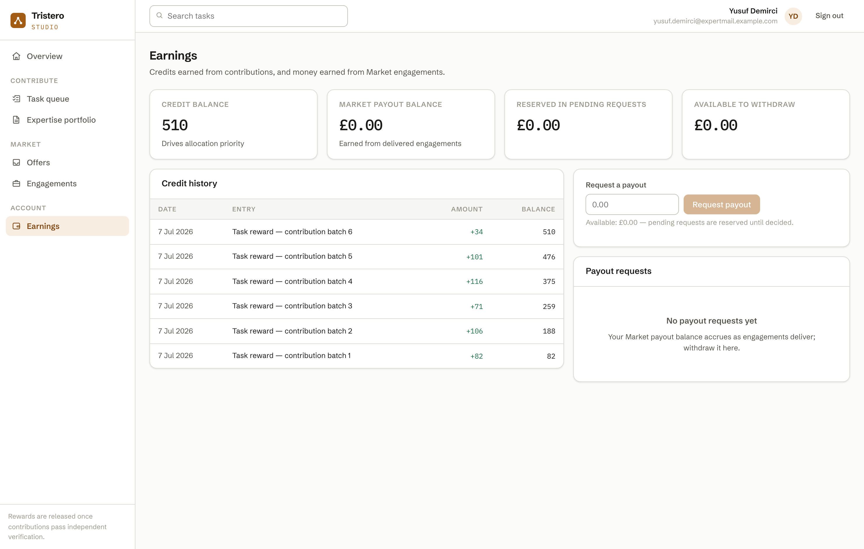 A Studio expert's earnings: the credit ledger with running balance, and the payout balance earned from delivered engagements